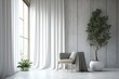 © The 2R Artificiality - Blank concrete wall in living room mockup with carpet, white chair, plant, curtain. Generative AI