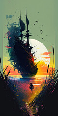 Wall Mural - A Majestic Schooner Sets Sail on a Sea of Grass at Sunset created using generative ai