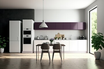 Poster - Interior of a kitchen with white walls, concrete accents, a wooden floor, and dark purple worktops. a desk and chairs. a mockup. Generative AI