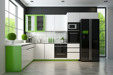 Wall Mural - Interior of a modern green kitchen with built-in appliances, white, black, and green counters. Visualization of a cozy home. a mockup. Generative AI