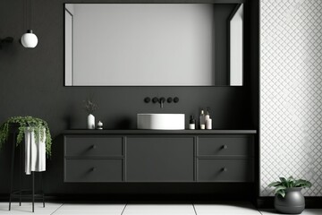 Front view of trendy monochromatic bathroom with dark sink cabinet, shower with glass barrier, and ceramic tiles wall background. Place for poster. a mockup. Generative AI