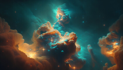 abstract graphic design nebula cloud in the space with teal and orange colors