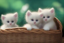 Fluffy White Kittens Sitting In A  Wicker Basket.  Generative AI