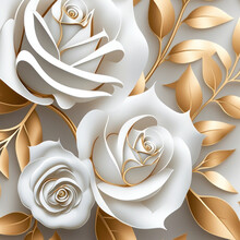 White Rose Flower With Gold Leaves, Beautiful White And Golden Petals And Pattern Texture Gray Background, Ai. 