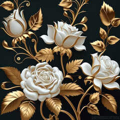 White rose flower with gold leaves, beautiful white and golden petals and pattern texture black background, ai. 