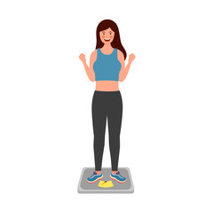 Happy slim girl on weight scale in flat design on white background.