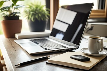 Poster - Laptop, books, and office desk. Generative AI