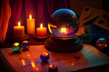 Tarot Cards Crystal Ball And Burning Candles On Wooden Table. Mystery