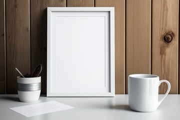 Wall Mural - White frame on wooden wall background with glass and cup, mockup. Generative AI