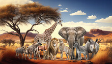 African Safari Animals On Savanna Background. Generative AI