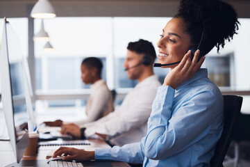 Poster - Call center, customer service and support with a black woman consultant working in her communication office. Contact us, telemarketing and consulting with a female employee at work using a headset