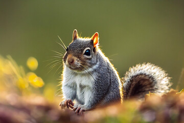 Wall Mural - red squirrel sits on a colorful meadow, generative AI