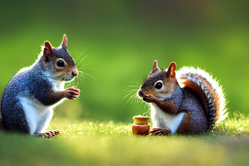 Wall Mural - two red squirrels sitting in the meadow, generative AI