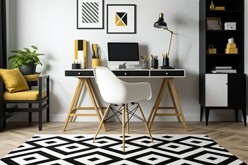 Poster - Simple workplace with geometric carpet, trendy desk chair, and poster. Generative AI