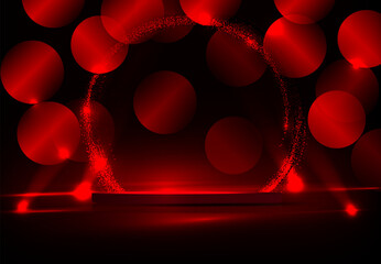 Wall Mural - Red illustration with a round podium, spotlights with radiance on a black background