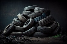 Pile Of Old Used Tires On Grunge Background With Copy Space. Generative AI
