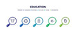 set of education thin line icons. education outline icons with infographic template. linear icons such as kid, chemical diagram, communicating vessels, archimedes principle, parasites vector.