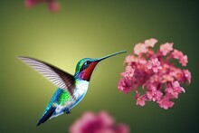 A Hummingbird Is Flying Near A Flower And A Tree With Lights In The Backgrouf Of The Picture And A Blurry Background.  Generative Ai