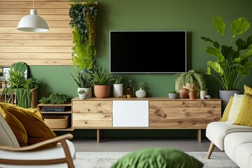 Poster - A wooden living room has a TV on a green wall. Lamps and flower pots hang on the wooden cupboards. a ground-level rocking planter. Generative AI