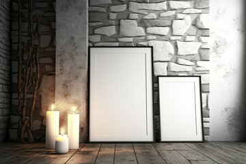 Wall Mural - Stone wall with empty vertical posters. Candlelit parquet. Generative AI