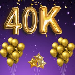 Canvas Print - Golden 40K sign on violet background with sparkling confetti, balloon 40K, Competition, gaming concept, Gold realistic letters, Winner congratulation banner, ribbons and stars, followers,thanks banne