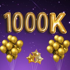 Wall Mural - Golden 1000K sign on violet background with sparkling confetti, balloon 1000K, Competition, gaming concept, Gold realistic letters, Winner congratulation banner, ribbons and stars, followers,thanks ba