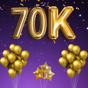 Golden 70K sign on violet background with sparkling confetti, balloon 70K, Competition, gaming concept, Gold realistic letters, Winner congratulation banner, ribbons and stars, followers,thanks banne