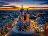 Fototapeta  - Rynek Główny w Krakowie z lotu drona o wschodzie słońca