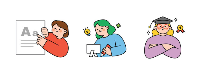 Fototapete - Education concept illustration. Students who are doing various studies and students who have received degrees.