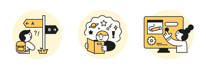 Poster - Education concept illustration. Way post exploring knowledge and people gathering various information.