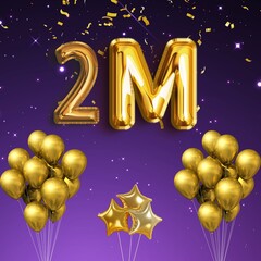 Wall Mural - Golden 2M sign on violet background with sparkling confetti, balloon 2M, Competition or gaming concept, Gold realistic letters, Winner congratulation banner, ribbons and stars, followers,thanks bann.j
