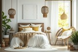Fototapeta  - Contemporary bedroom with luxurious furniture, macrame, wooden ladder, and accessories. Pillows, blankets, and sheets. Cozy interiors. Sunny. Generative AI