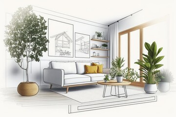 Canvas Print - A blueprint of a parquet-floored Scandinavian living room with a sofa, lamp, rattan table, and potted plants. modern decor. Generative AI