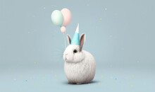 A Cute Fluffy Bunny Dressed Up For A Birthday Party With A Festive Hat, A Light Blue Balloon, And Confetti, Isolated On A Light Blue Background. Generative AI