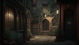 Fototapeta Uliczki - Victorian alley at night with traditional cobble road, buildings and lamps. Generative AI