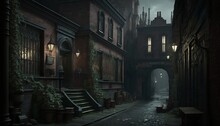 Victorian Alley At Night With Traditional Cobble Road, Buildings And Lamps. Generative AI