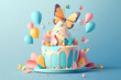 A delightful birthday cake adorned with a playful butterfly and surrounded by colorful balloons, creating a fun and festive atmosphere. Generative AI 