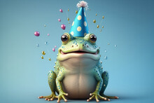 An Adorable Frog In A Party Mood Wearing A Birthday Hat, Surrounded By Colorful Balloons And Confetti. Generative AI