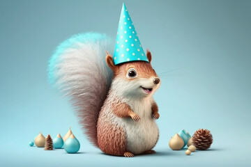 A cute little squirrel with a birthday hat on isolated on blue background. Generative AI