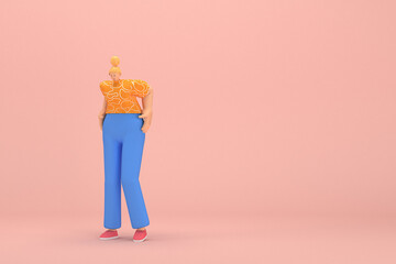 The woman with golden hair tied in a bun wearing blue corduroy pants and Orange T-shirt with white stripes.  She is doing exercise. 3d rendering of cartoon character in acting.