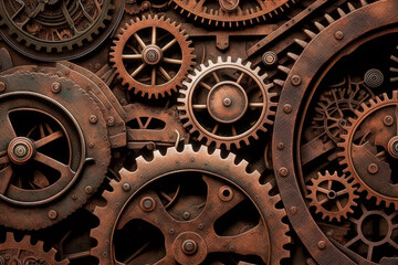 Vintage rusty Machinery gears steampunk background. Generative AI