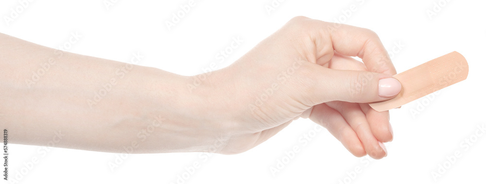 Female caucasian hands sticking medical adhesive wound plaster  isolated white background. Woman hands with surgical tape showing different gestures. first aid bandage