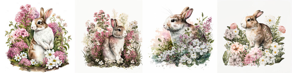 Bunny In Garden, Easter Watercolor Collection Set Isolated On White Background - Generative AI