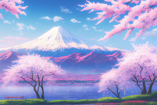 beautiful pink cherry trees and mount fuji in the background of this japan anime scenery wallpaper