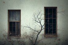 Damaged Window Of Old Abandoned House With Sprouted Branches From Tree. Generative AI