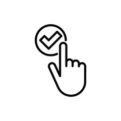 Wall Mural - Push button with check mark by finger. Click yes. Thin line icon. Send for approval. Accept agreement. Modern vector illustration.