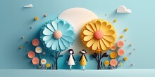Paper Cut Two Cute Womans Friendship Day With Sky Blue Background, Ai Generative,paper Cut Two Cute Womans Friendship Day With Copy Space Orange Background, Womans Day