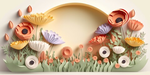 Wall Mural - colorful decorative paper cut flowers with copy space for text on white background, floral banner, top view copyspace, decorative flowers