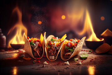 Wall Mural - Homemade American Soft Shell Beef Tacos with Lettuce Tomato Cheese on wooden table smoke and fire background, image ai generate