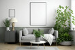 © 2rogan - Living room mockup poster on gray decorative wall. Scandinavian design, illustration. Generative AI
